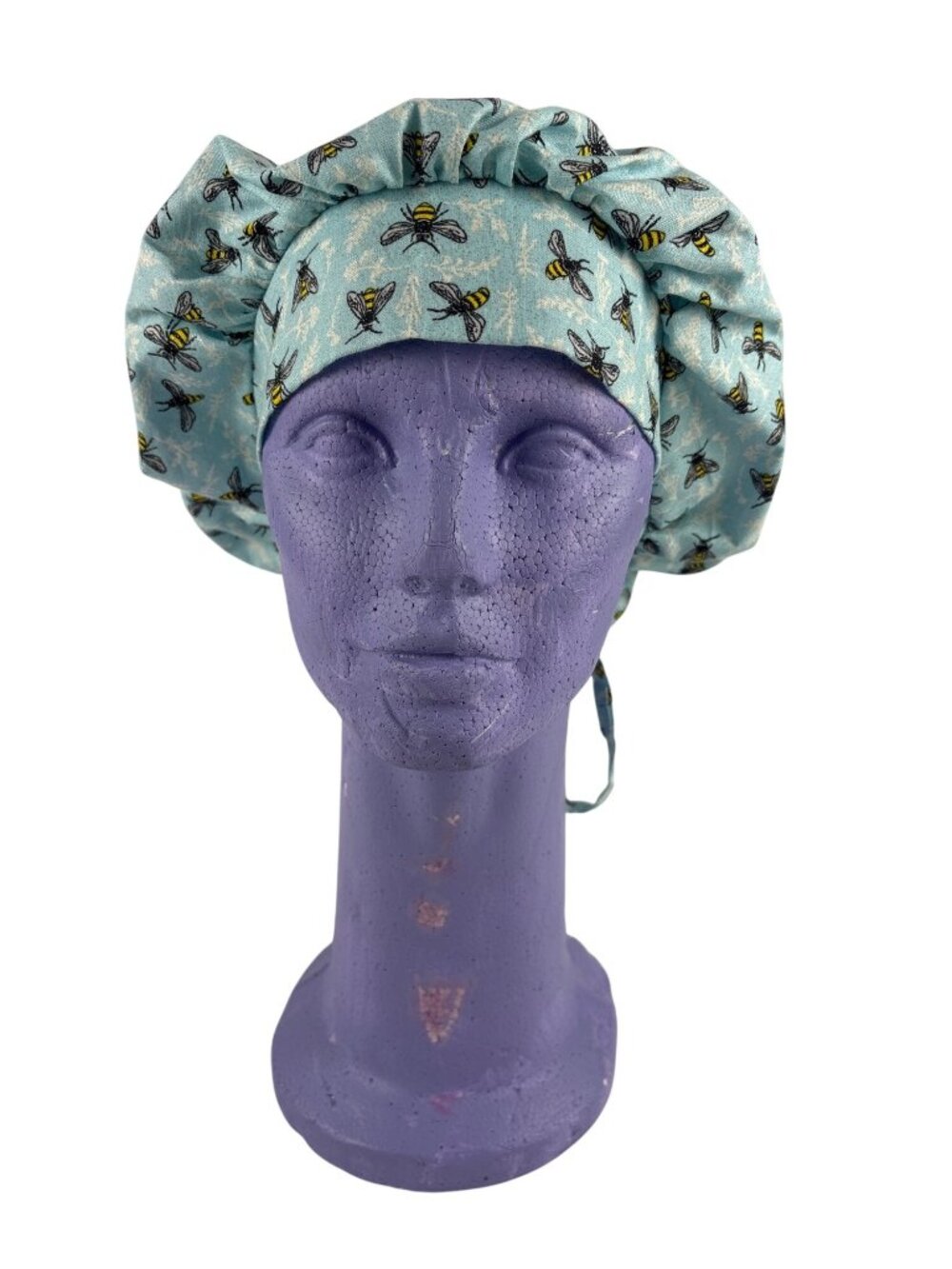 Cute Bumblebee Bouffant Surgical Scrub Cap Light Blue Cotton Tie Back Handmade